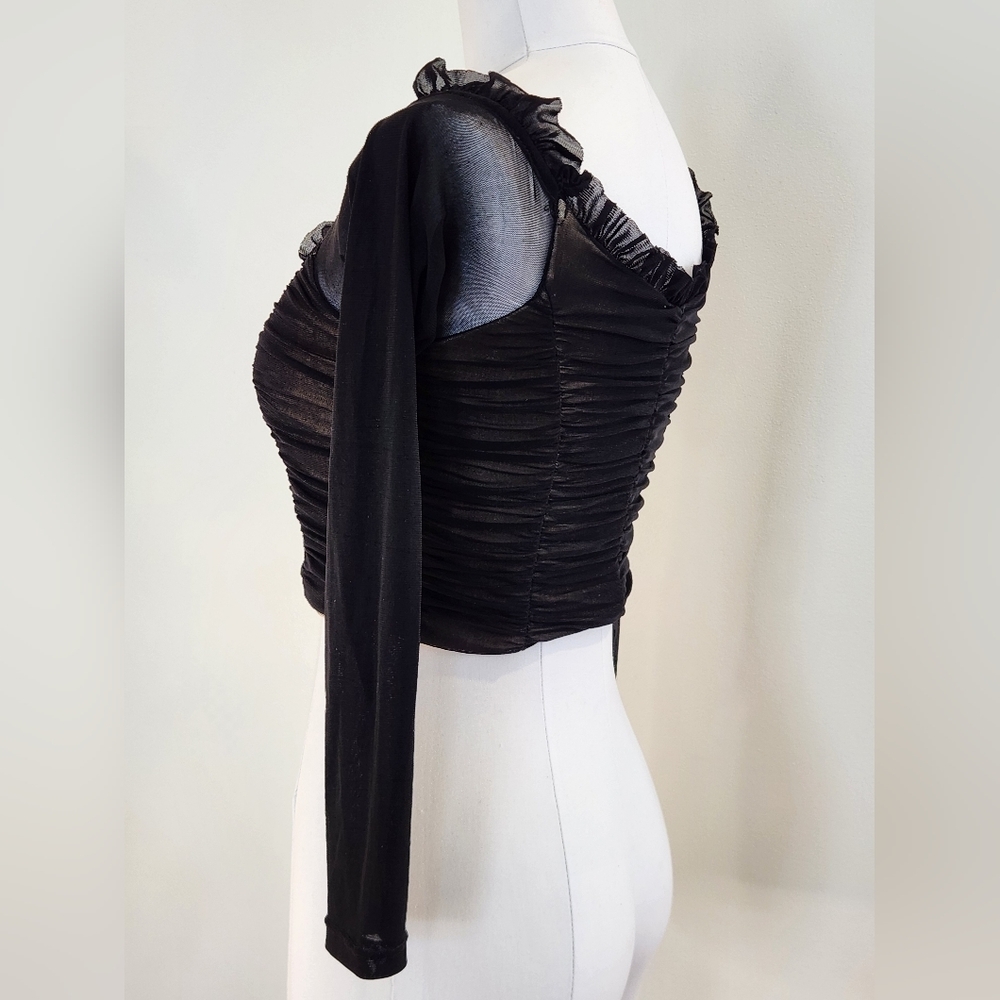 || LUXXEL || Black mesh crop top, lined, v neck, long sleeved, sz small - Picture 2 of 7